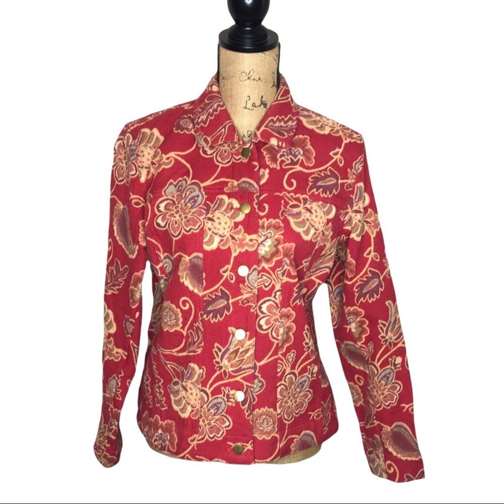 Stonebridge Size Small Floral Tapestry Trucker Style Jacket-Cinnamon Red